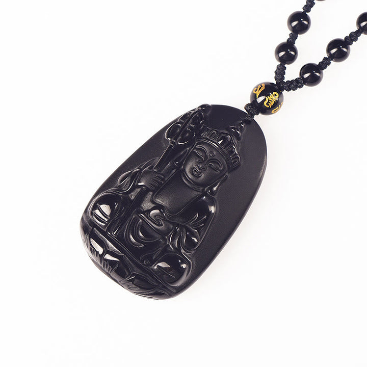 Schwarzer Obsidian Ksitigarbha Kette mit schwarzen Perlen Anhänger