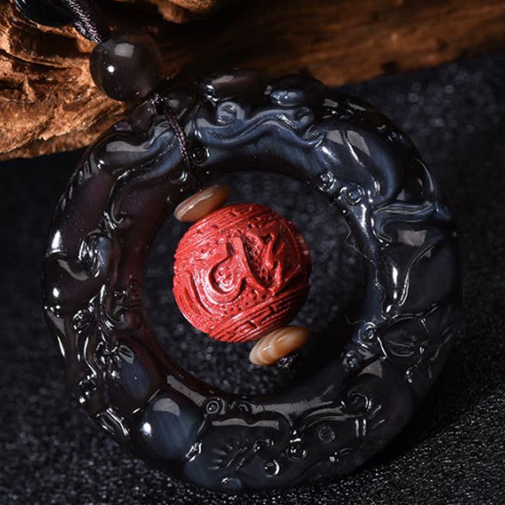 Obsidian Pixiu Kette mit rotem Zinnober Heilstein Anhänger Heilung