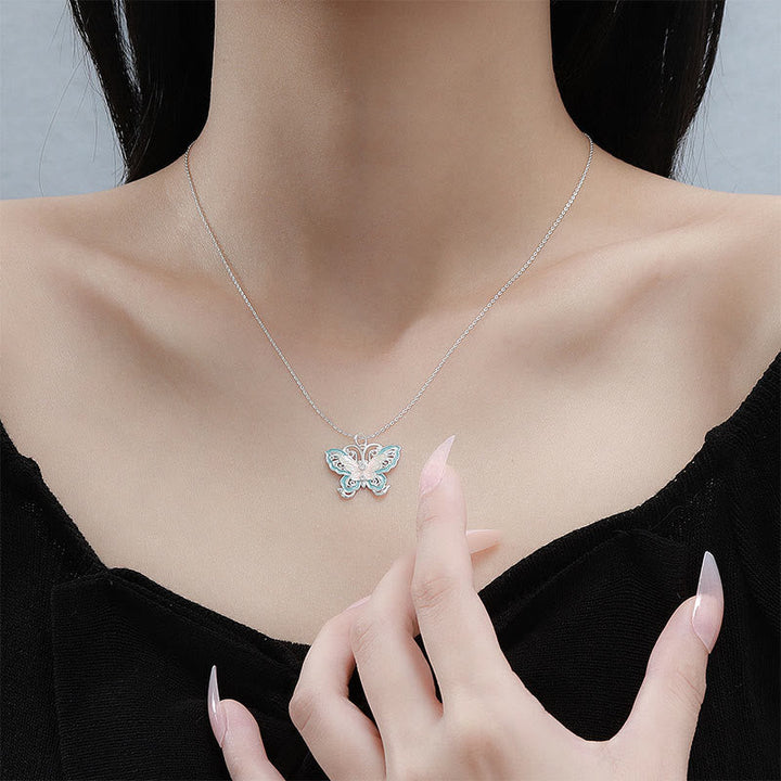 Sterling Kette Schmetterling Blau Emaille Anhänger elegant getragen