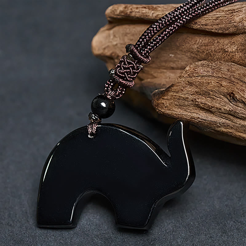 Schwarzer Obsidian Elefant Anhänger Kette Geschnitzt Stärke Symbol