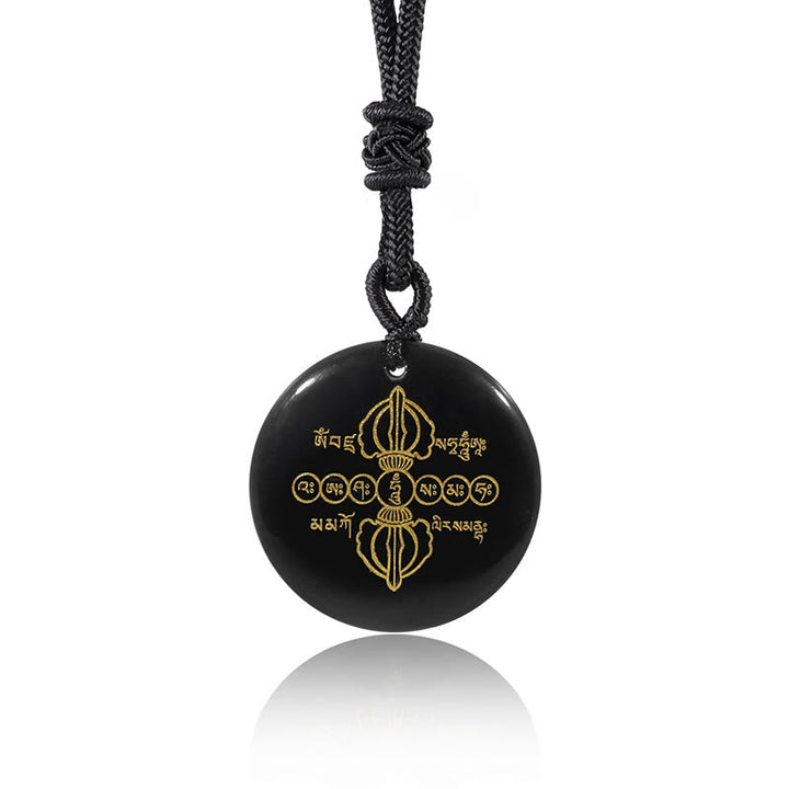 Schwarze Obsidian Kette mit Vajra Anhänger goldene Symbole Naturstein