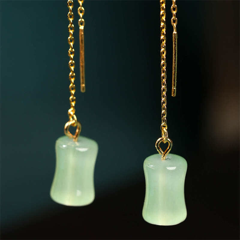 Ohrringe Jade Bambus grün Gold Kette hängend Boho Schmuck spirituell