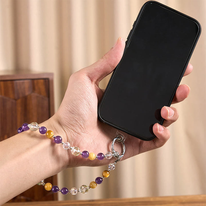Schlüsselanhänger Amethyst Tigerauge – Balance am Smartphone Handkette spirituell