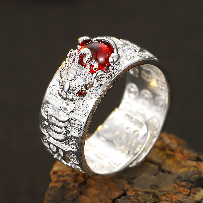 Granat Pixiu Ring Herzsutra Kupfer Wohlstand Schutz Glück