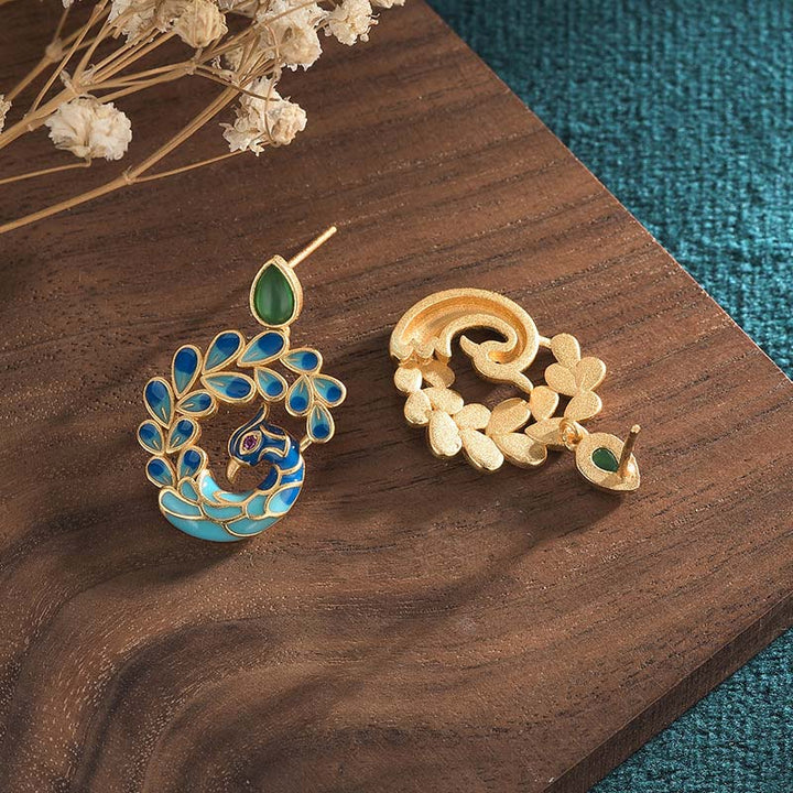 Ohrringe Grüner Achat Pfau Gold Emaille Boho Schmuck spirituell
