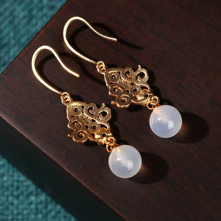 Ohrringe Chalcedon Vergoldet – Positivität filigran Ornament Boho Schmuck spirituell