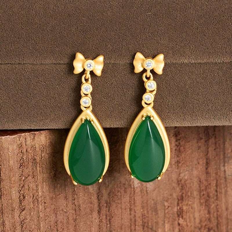 Ohrringe Grüner Jaspis Tropfen Gold Schleife elegant Boho Schmuck