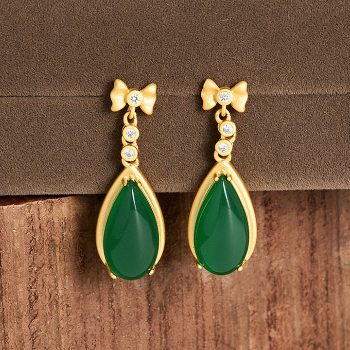 Ohrringe Grüner Jaspis Tropfen Gold Schleife elegant Boho Schmuck
