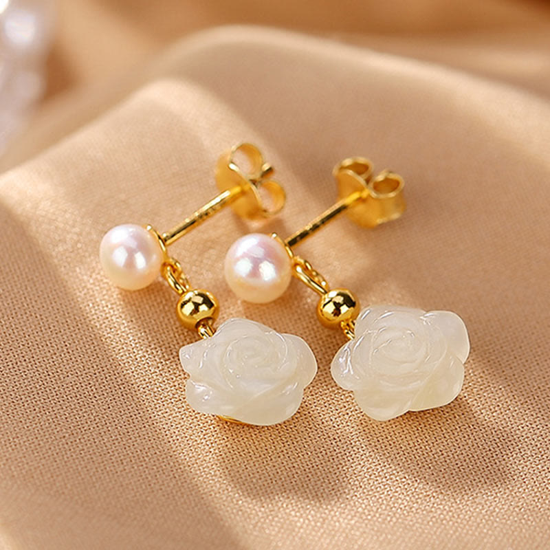 Ohrringe Jade Perle Blume Glück Gold weiße Rose Schmuck elegant