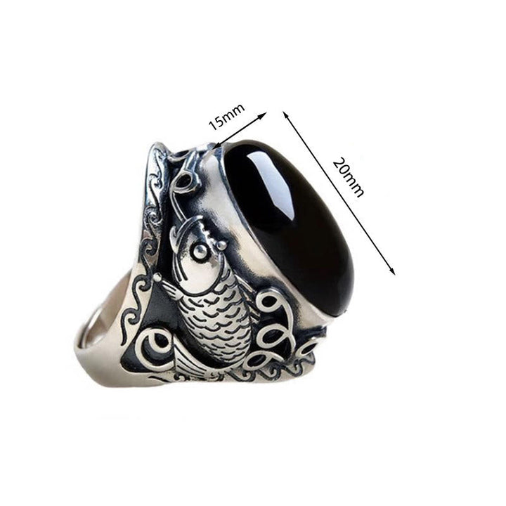 Ring Schwarzer Obsidian Koi Fisch Kupfer Stärke Fengshui Schmuck