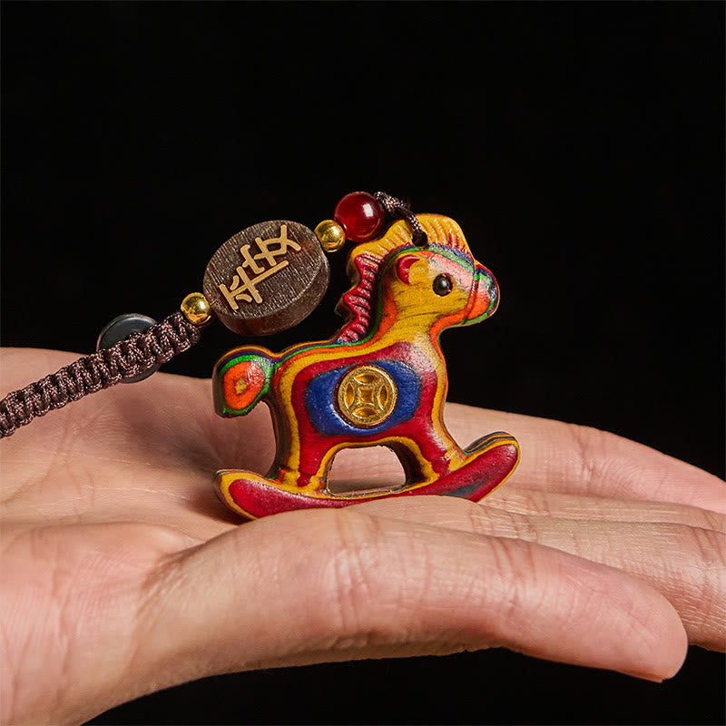Schlüsselanhänger Pferd Holz bunt bemalt Glücksmünze Feng Shui Talisman