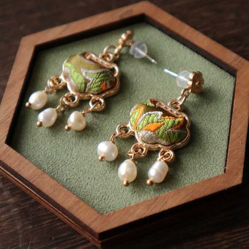 Ohrringe Perle Seide Stickerei Gold Boho Schmuck spirituell Ohrhänger