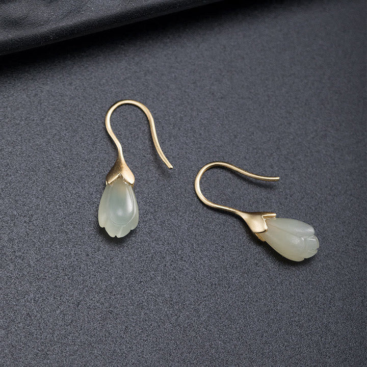 Ohrringe Hetian Jade Magnolie Gold Tropfen Boho Schmuck eleganter Ohrhänger