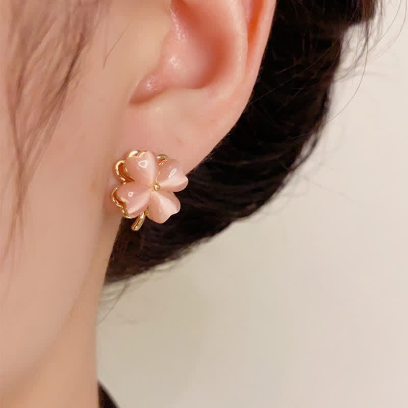 Ohrringe Katzenauge Kleeblatt rosa Gold getragen Boho Schmuck zart