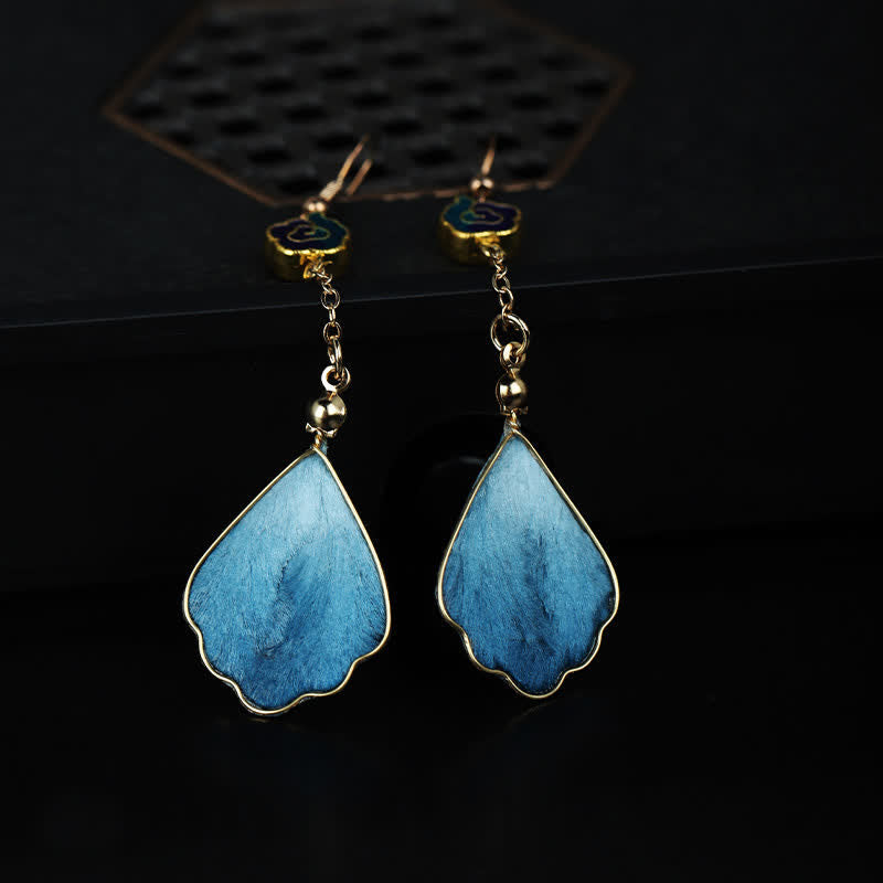 Ohrringe Seide Blütenblatt blau Gold Boho Schmuck spirituell Ohrhänger elegant