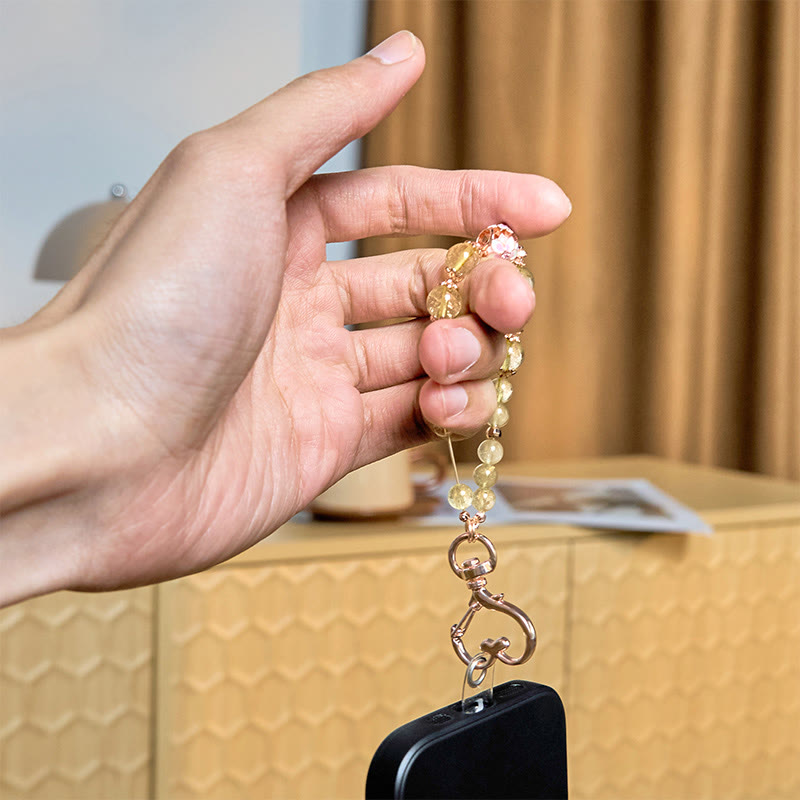 Schlüsselanhänger Rutilquarz Wohlstand Perlen Handykette goldene Karabiner spirituell