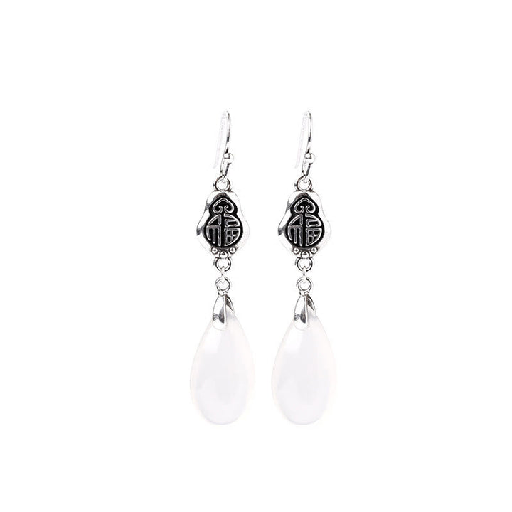 Chalcedon Ohrringe Silber Fu Symbol Tropfen spirituell Boho Schmuck Positivität
