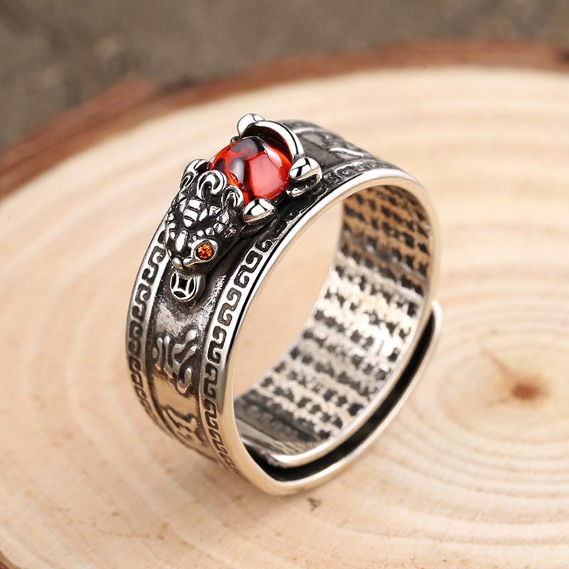 Pixiu Ring Roter Achat mit silberner Drachen-Talisman Wohlstand Schutz Fengshui