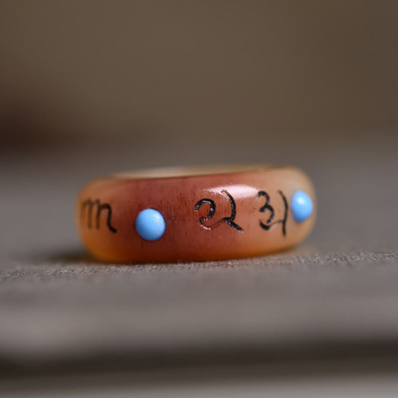 Kamelknochen Ring mit blauen Steinen Om Mani Padme Hum Schutz
