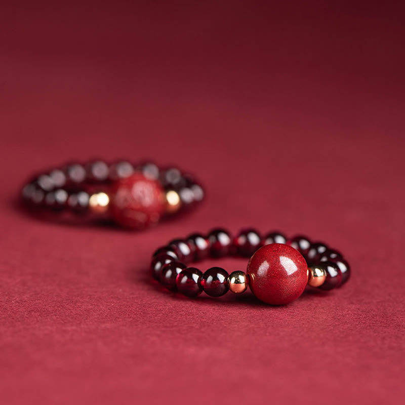 Pixiu Ring Granat Zinnober mit Kupfer Perlen Fengshui Glück Schutz