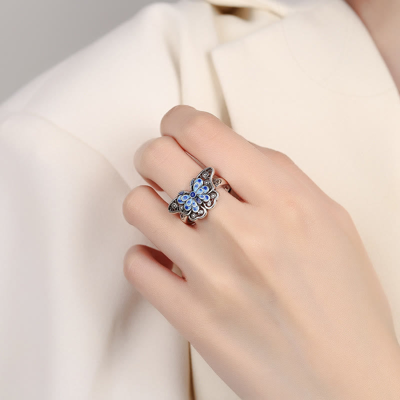 Ring Emaille Blau Schmetterling Liebe Kupfer Fengshui Schutz Glück