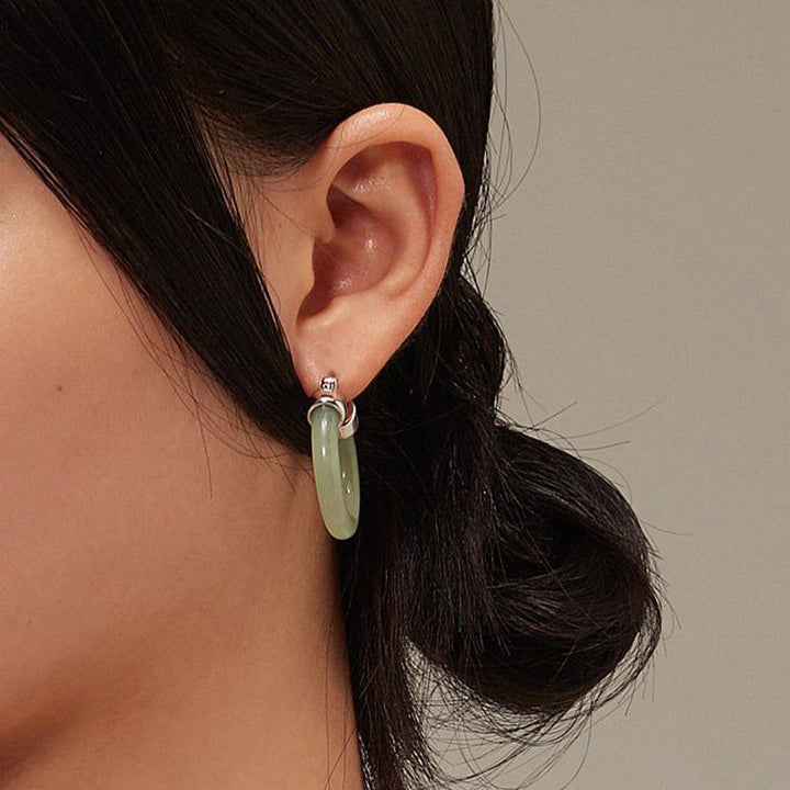 Ohrringe Weißer Jade Wohlstand getragen Silber Boho Schmuck spirituell Ohrhänger