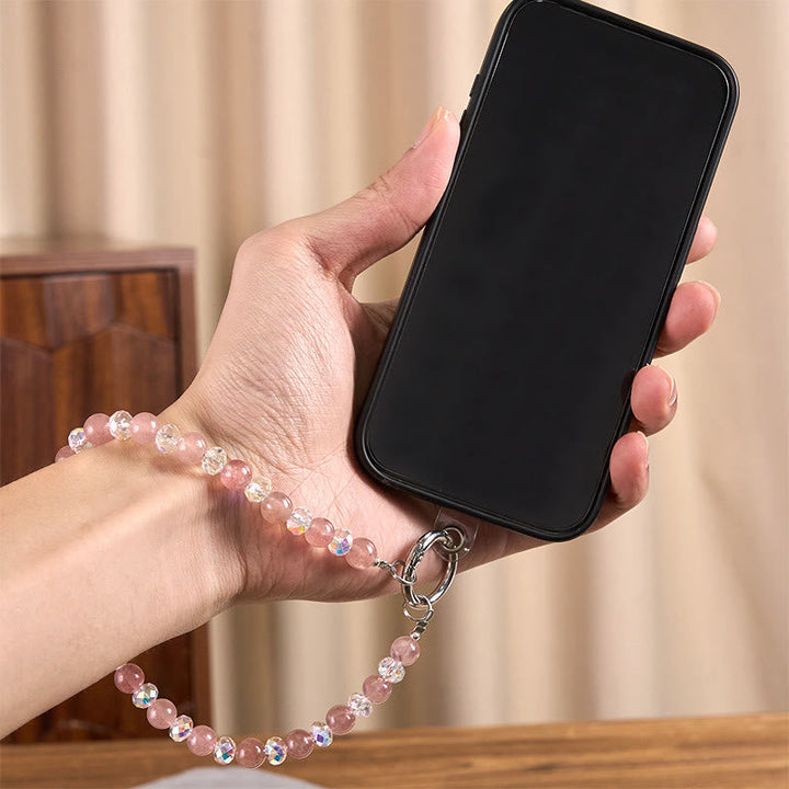 Schlüsselanhänger Erdbeerquarz – Heilung am Smartphone rosa Perlen Kristall