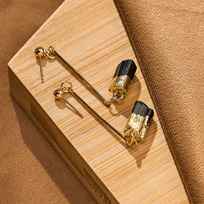 Ohrringe Schwarzer Turmalin Gold Boho Schmuck spirituell Ohrhänger Naturstein