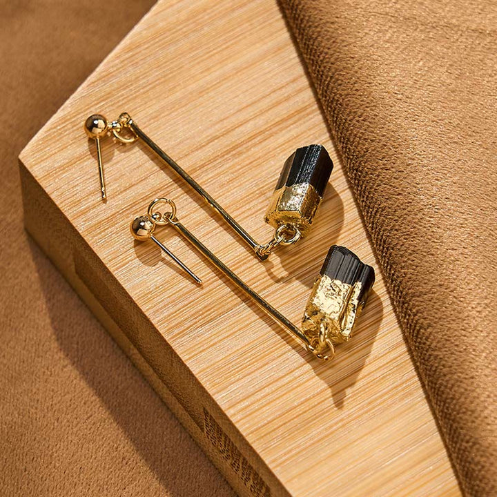 Ohrringe Schwarzer Turmalin Gold Boho Schmuck spirituell Ohrhänger Naturstein