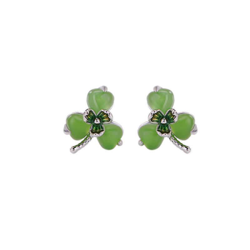 Ohrringe Hetian Jade Kleeblatt – Glück grüner Schmuck spirituell Ohrstecker Silber