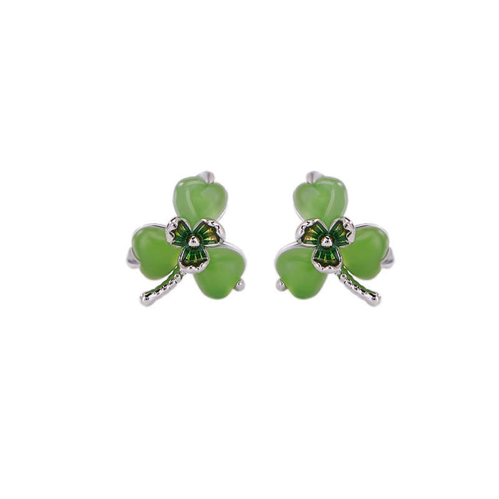 Ohrringe Hetian Jade Kleeblatt – Glück grüner Schmuck spirituell Ohrstecker Silber
