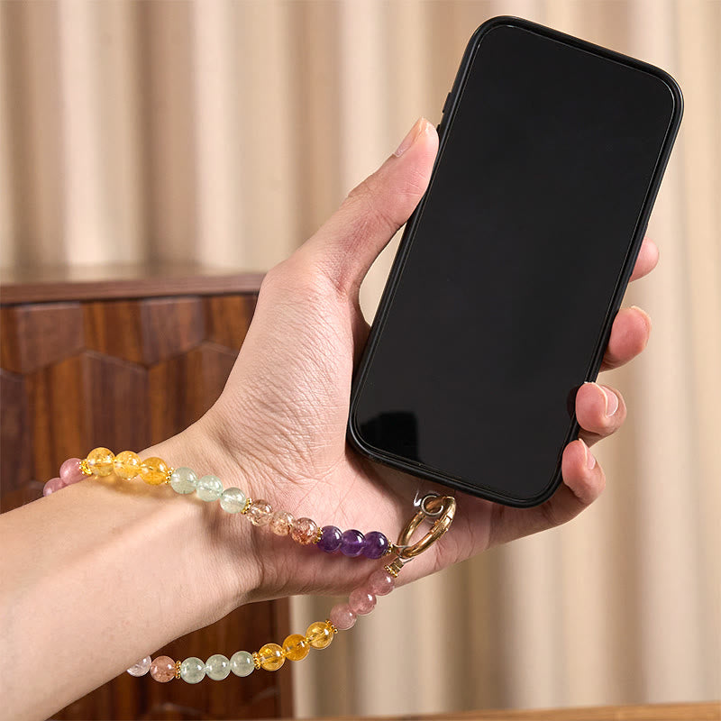 Schlüsselanhänger Amethyst & Erdbeerquarz – Balance Edelstein Perlen Handykette spirituell