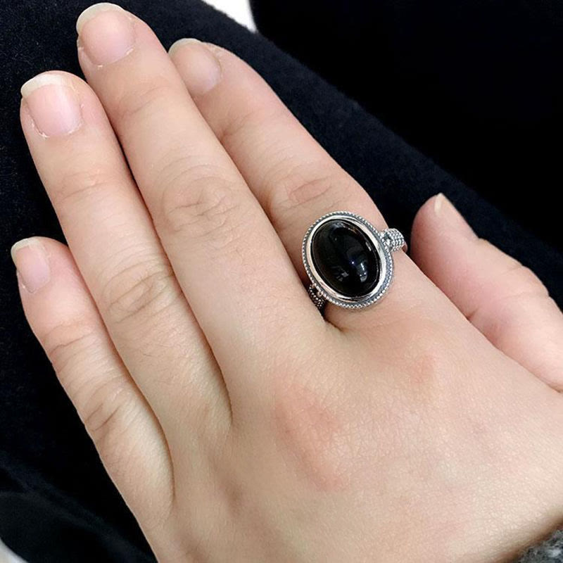 Ring Schwarzer Onyx silber Fassung Schutz Energie Glück Fingerring