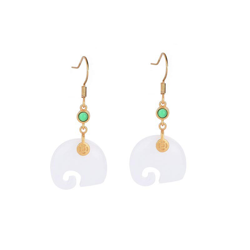 Ohrringe Weiße Jade Elefant – Glück goldene Haken grüner Stein Boho Schmuck