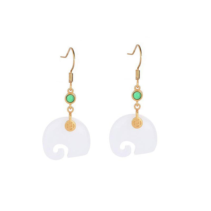 Ohrringe Weiße Jade Elefant – Glück goldene Haken grüner Stein Boho Schmuck