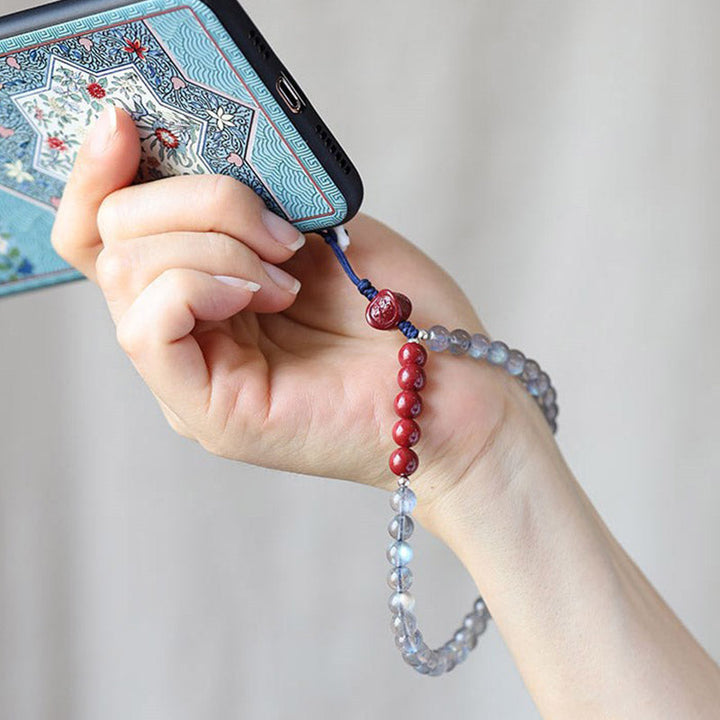 Schlüsselanhänger Mondstein Zinnober Handykette Perlen spirituell Glücksbringer Schmuck