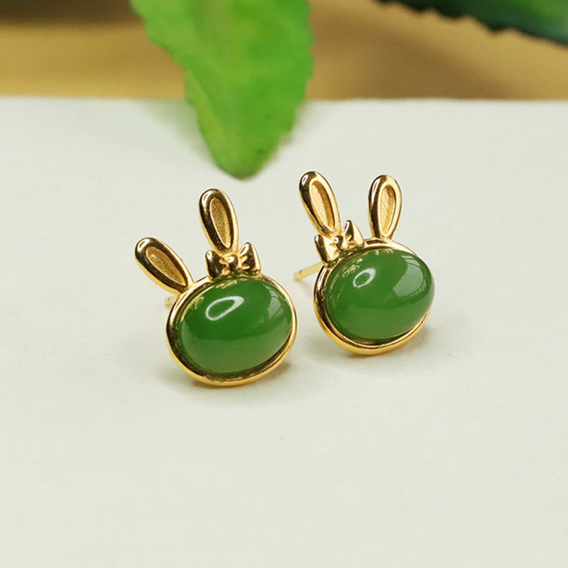 Ohrringe Jade Hase – Glück goldfarben grüner Stein Boho Schmuck spirituell