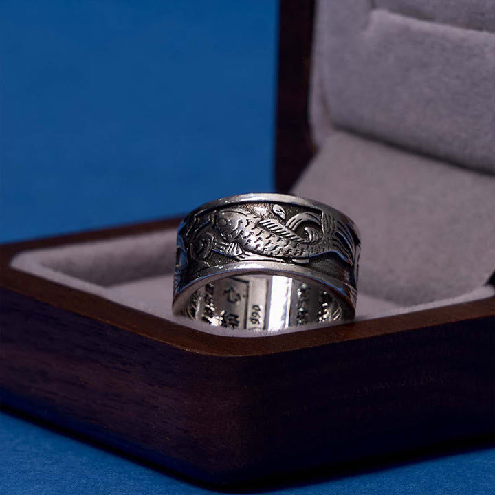 Silber Ring mit Koi Fisch Gravur Herzsutra Glück Wohlstand Fengshui