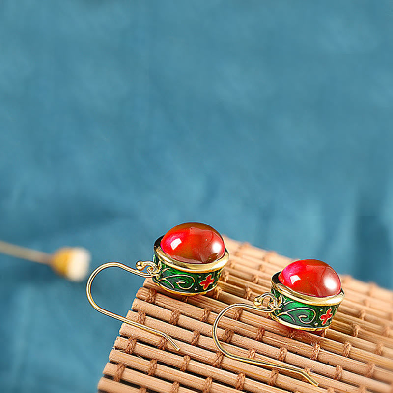 Ohrringe Roter Korund Cloisonné grün Gold Boho Schmuck spirituell Ohrhänger