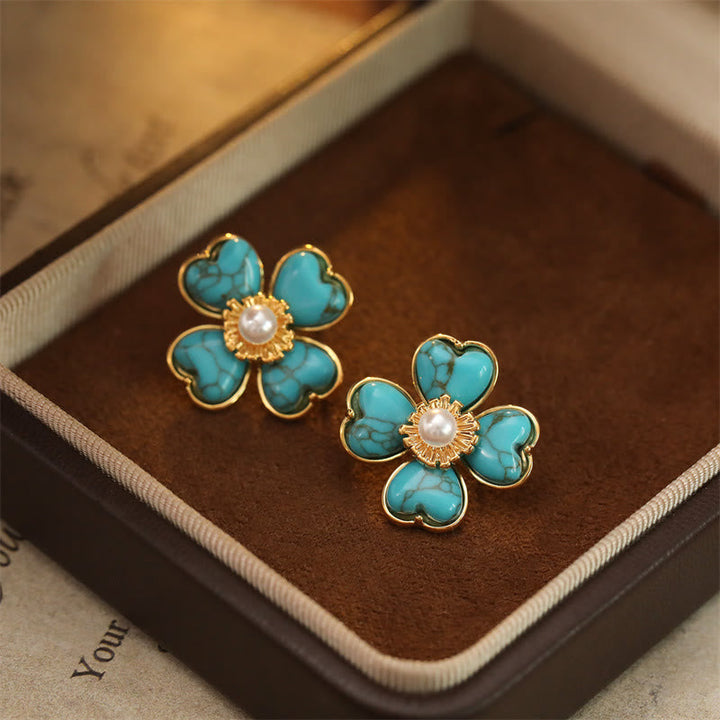 Ohrringe Türkis Herz Blume mit Perle Gold Boho Schmuck