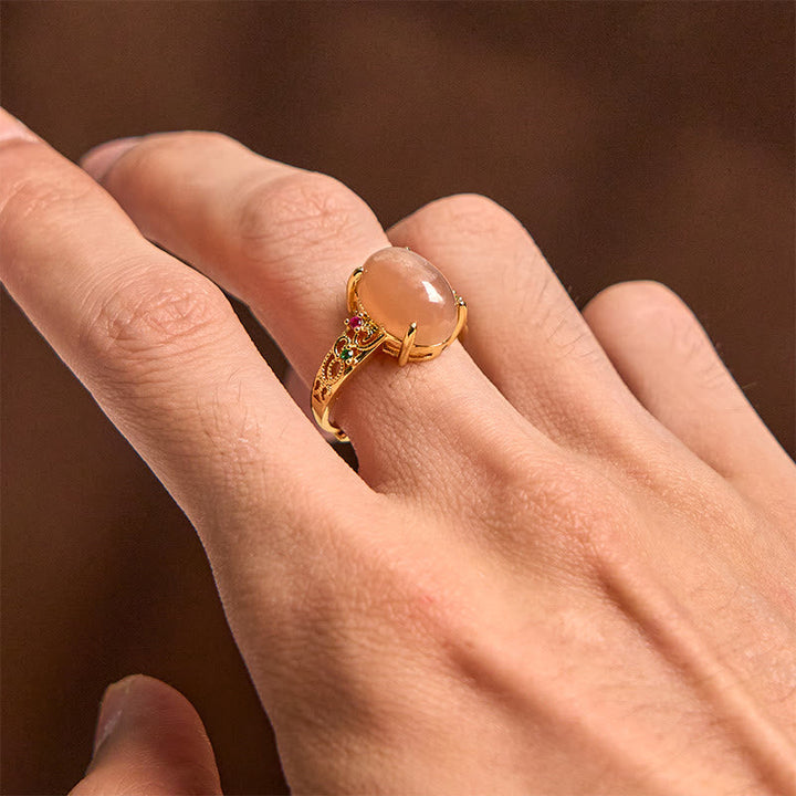 Pfirsich-Mondstein Ring Rebe Goldkupfer Glück Fengshui Schutz Wohlstand