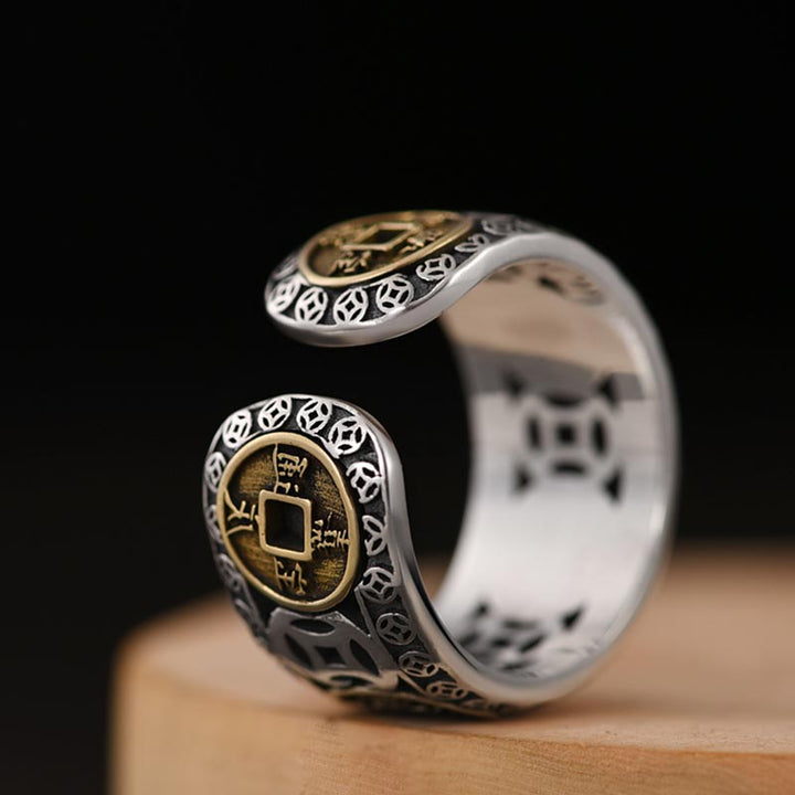 Silber Ring Fünf Kaisermünzen Balance mit chinesischen Zeichen Fengshui