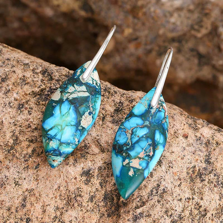 Ohrringe Kaiserstein Blatt Tropfen blau Silber Boho Schmuck spirituell Ohrhänger