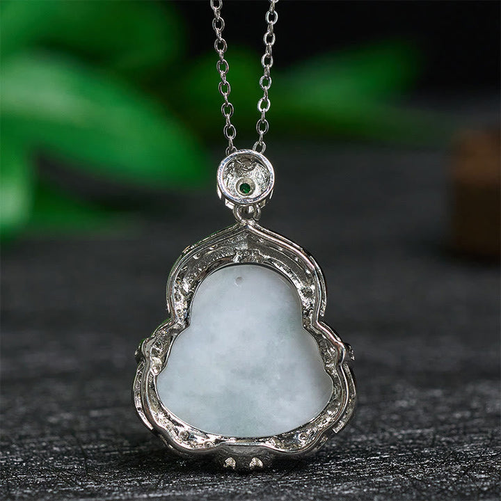 Jade Anhänger Kette Lachender Buddha Überfluss grüner Naturstein Silber