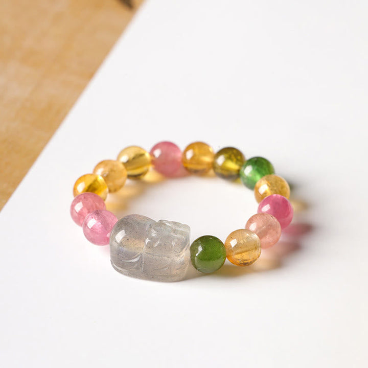 Buntes Perlenarmband mit Turmalin Pixiu für Glück Liebe Schutz