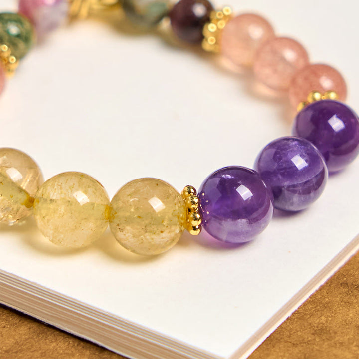 Schlüsselanhänger Erdbeerquarz Amethyst – Liebe mit goldenen Perlen spirituell