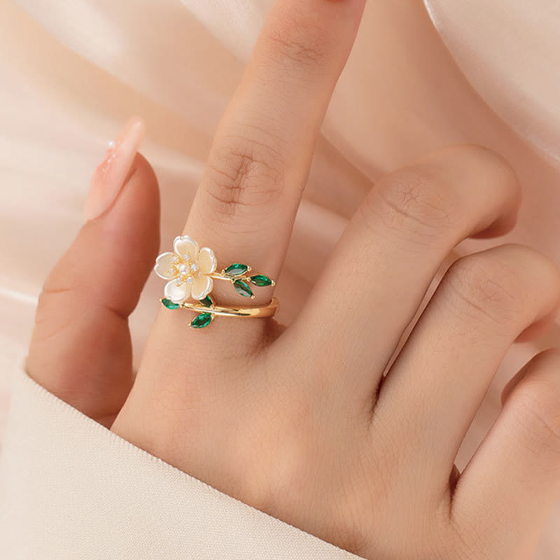 Ring Perle Zirkonia Blume vergoldet grüne Steine Glück Wohlstand
