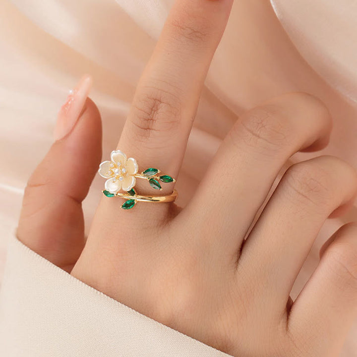 Ring Perle Zirkonia Blume vergoldet grüne Steine Glück Wohlstand