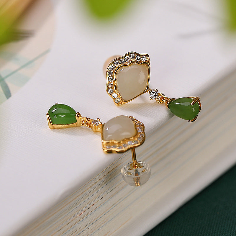Ohrringe Jade Fächer Tropfen – Glück goldfarben grüne weiße Steine Boho Schmuck