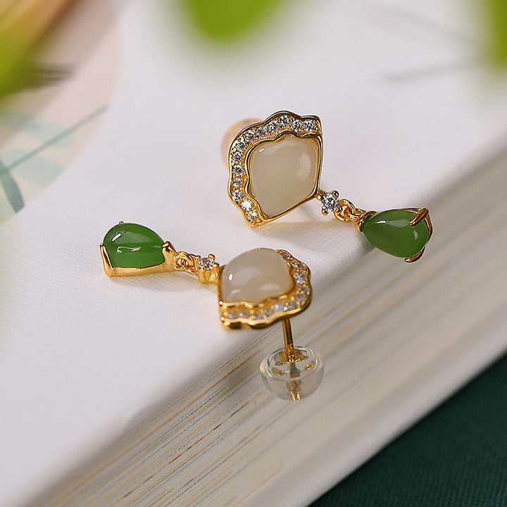 Ohrringe Jade Fächer Tropfen – Glück goldfarben grüne weiße Steine Boho Schmuck